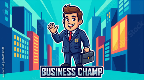 Businessman in blue suit waves.