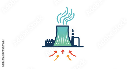 Industrial power plant with cooling tower emitting smoke, representing energy production and heavy industry infrastructure on a white background