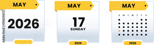May 17 2026 Sunday Calendar Icon Set Highlighting Specific Weekday Date with Monthly Grid View and Yearly Planner Graphic Elements for Digital Scheduling and Events