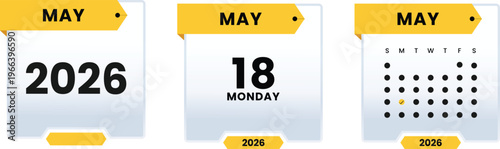 May 18 2026 Monday Calendar Icon Set Highlighting Specific Weekday Date with Monthly Grid View and Yearly Planner Graphic Elements for Digital Scheduling and Events