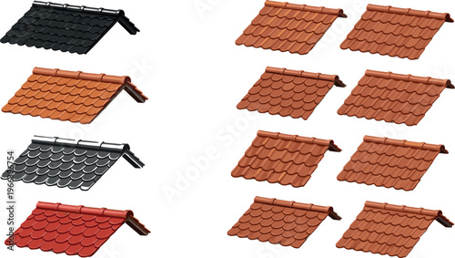 Isometric roof tiles set with ceramic and metal roofing sheets in various colors vector illustration