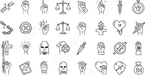 Hand-Drawn Doodle Icons: Human Rights, Social Justice, Freedom, and Protest Symbols. Featuring oppression, inequality, justice scales, fists, broken chains, and religious motifs.