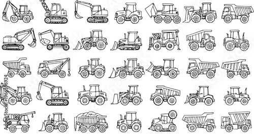 Hand Drawn Outline Seamless Pattern of Construction Vehicles: Heavy Equipment, Excavators, Dump Trucks, Loaders