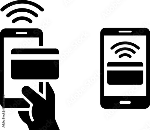 Black and white icons representing mobile contactless payment using smartphones and bank cards