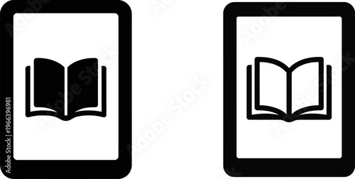 A minimalist black and white graphic illustration featuring two tablet icons with open book logos
