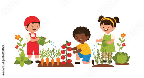 Three diverse children are happily gardening together, watering vegetables like carrots and cabbage while harvesting ripe red tomatoes.
