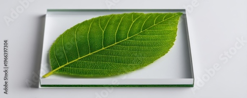 Plaque Engraved Style concept. Green leaf preserved in a clear rectangular glass container on white surface