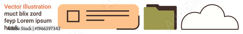 Data organization, cloud computing, document management, digital storage, workflow processes, tech concepts. Icons of a file card, folder and cloud. Digital storage and cloud computing concepts