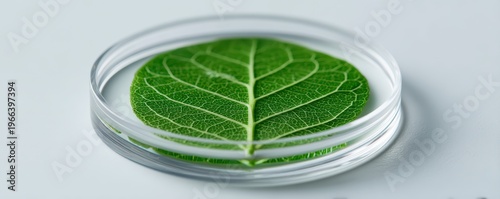 Plaque Engraved Style concept. Green leaf with detailed veins inside a transparent petri dish on white surface