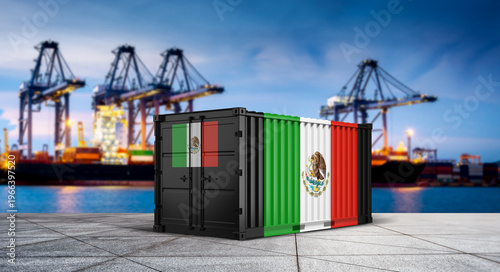 Mexican Cargo Containers:  Vibrant cargo containers flaunt the colors of the Mexican flag. Standing prominently against a backdrop of the bustling port and cranes.