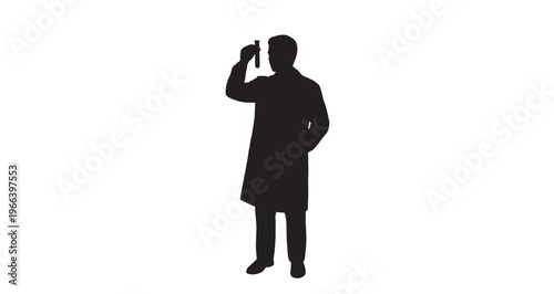 Scientist Standing Silhouette vector graphic illustration of a scientist or chemist silhouette standing while holding up a small glass test tube for examination.