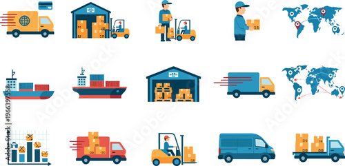 Logistics and Delivery Service Vector Set Including Trucks, Forklifts, Shipping, and Global Shipping Routes