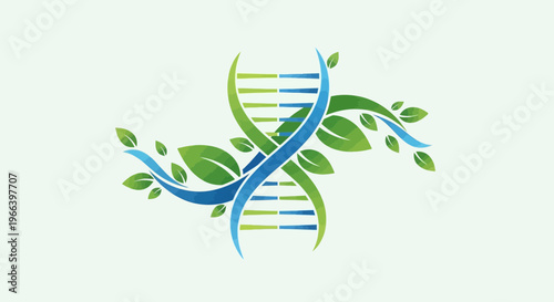 DNA Helix with Leaves – Biotechnology Nature Genetics Vector Illustration
