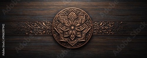 Plaque Engraved Style concept. Intricately carved wooden ornament with floral and geometric patterns on dark wood.