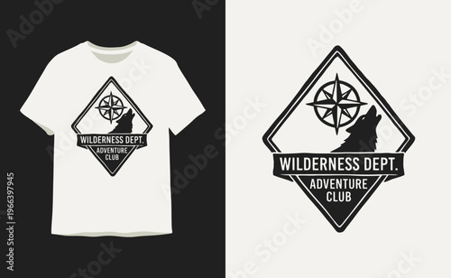 Wilderness Dept Adventure Club T-shirt Design with Wolf and Compass
