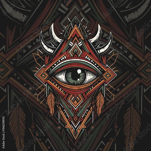 Vibrant tribal eye with horns and feathers.