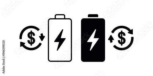Battery with dollar sign and arrows battery charging discharging