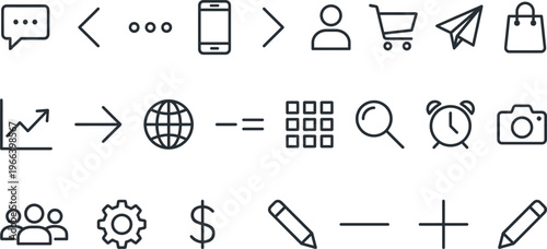 Minimal line icon set featuring communication, business, navigation, and shopping symbols for modern web and mobile interface design