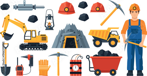 Mining industry equipment and worker vector set with excavator dump truck tools and underground elements