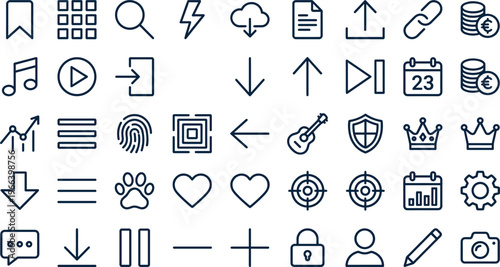 Modern line icon collection featuring media, finance, security, navigation, and user interface symbols for web and mobile applications