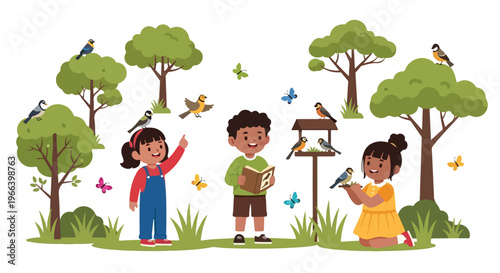 Happy kids explore a lush green park filled with vibrant birds and fluttering butterflies, learning about nature through observation and reading.