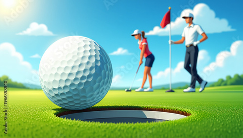 Group of people playing golf with a golf ball on the green