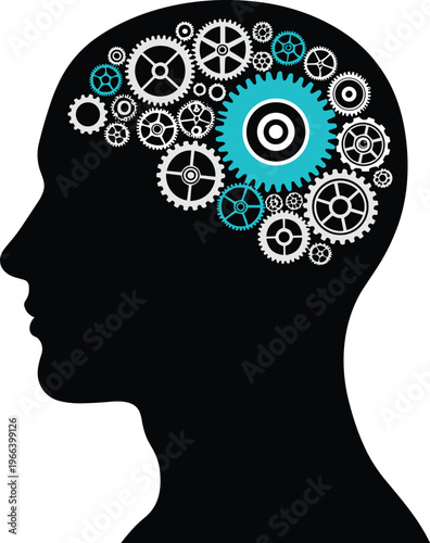 Flat vector illustration of a human head silhouette with complex gears and cogs representing logical thinking, mental mechanics, and industrial innovation.