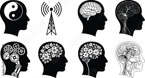 Flat vector illustration of human head silhouettes with icons for brain, gears, flowers, yin yang, and signal tower representing mental diversity.