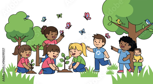A group of diverse children are happily planting saplings and enjoying nature with butterflies and birds in a vibrant outdoor park setting.