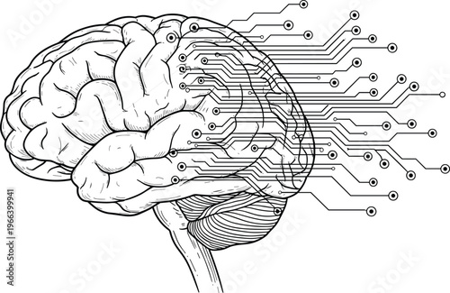 Human brain with digital circuit lines and nodes as a concept for artificial intelligence, machine learning, neuroscience, and flat vector illustration.