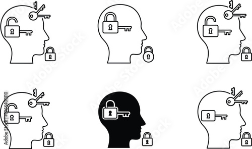 Human head silhouettes with lock and key icons representing mental health, psychology, privacy, security, unlocking potential, and flat vector illustration.