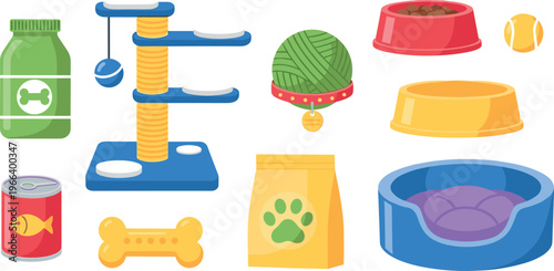 Pet supplies including cat tree, food bowls, toys, treats, and bed in colorful vector illustration