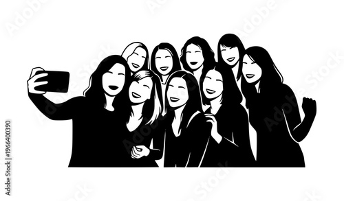 Women selfie silhouette group taking photo with smartphone social vector illustration
