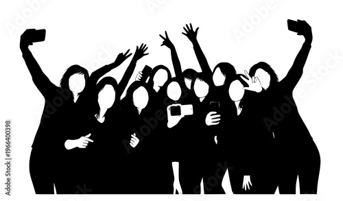 Dynamic women selfie silhouettes group friends taking smartphone photo vector illustration
