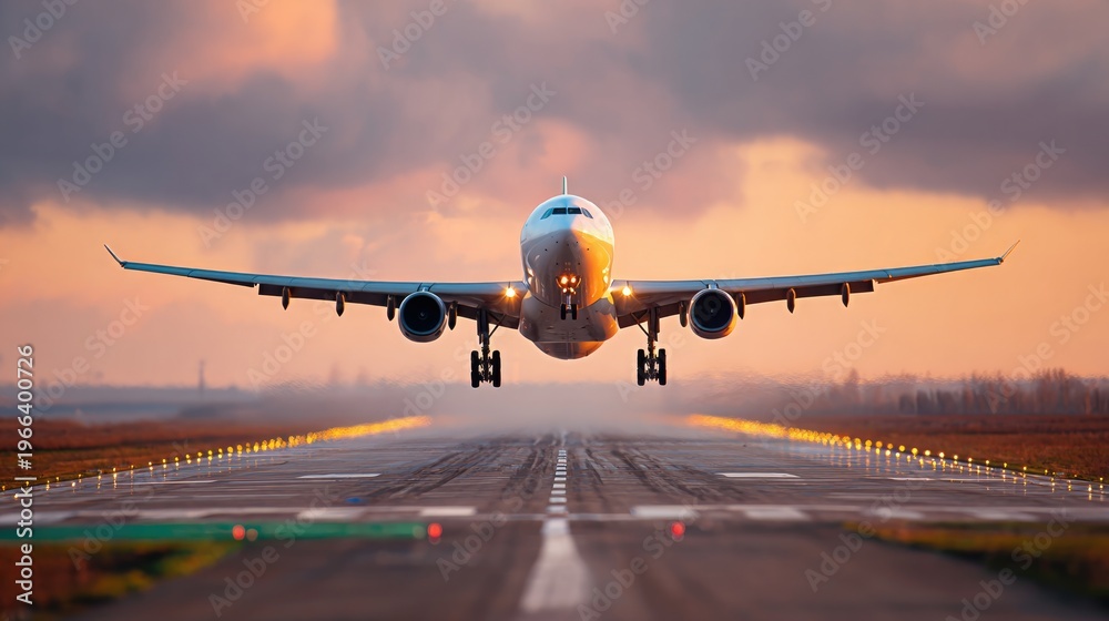 Naklejka premium velocity. Commercial jet ascending through cloudy golden hour sky, wing visible, dramatic sunlight shadows. mobility guides, transit brochures, designed for transport & logistics marketing.