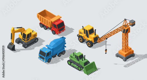 Collection of Isometric Construction Vehicles and Equipment Toys.