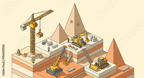 Ancient Egyptian Pyramids Under Construction with Modern Machinery.