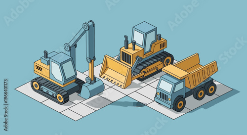Isometric construction vehicles including excavator bulldozer and dump truck.