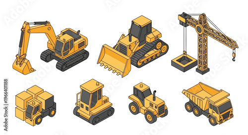 Isometric Construction Vehicles and Heavy Machinery Set.