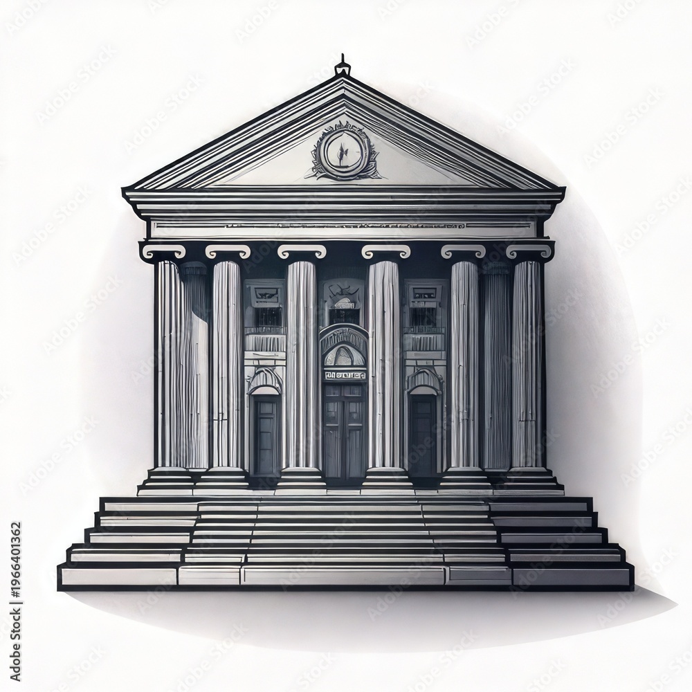 Fototapeta premium Classical facade with columns, steps, and clock