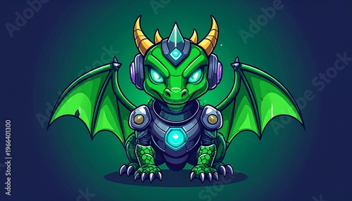 Futuristic Green Dragon with Headphones and Robotic Armor Illustration.
