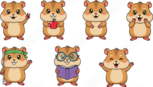 Playful cartoon hamsters in multiple expressive poses with accessories, showing emotions, reading books, eating apples, gestures
