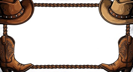 Cartoon cowboy hat & boot frame with rope border on white