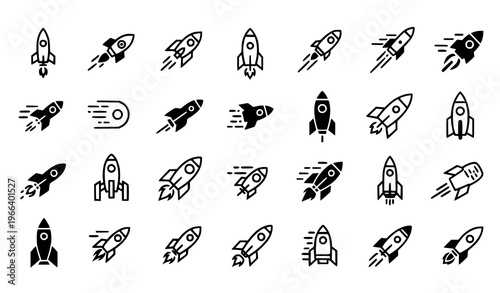 Dynamic rocket and missile icon collection representing speed growth and innovation solid vector set isolated on white