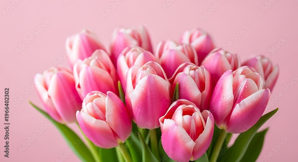 Fototapeta premium Close-up of a bouquet of pink and white tulips on a matching pink background