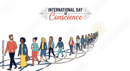 Illustration of diverse people walking together in unity for International Day of Conscience, promoting global peace awareness and moral values with a colorful, optimistic mood.