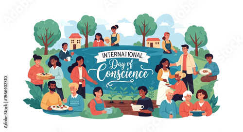 Illustration of diverse people engaging in various activities on International Day of Conscience, promoting global unity and peace with a mix of green trees, houses, and blue sky in the