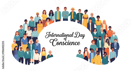 Illustration of a diverse crowd forming a brain shape with the text 'International Day of Conscience' in a colorful and symbolic design conveying global unity and peace on a white
