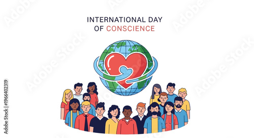 Illustration of diverse people standing around the globe with a heart, promoting global conscience awareness and peace on International Day of Conscience.