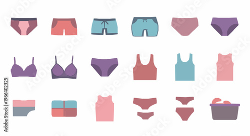 Flat underwear icon set with briefs, bra, panties, and clothing essentials collection